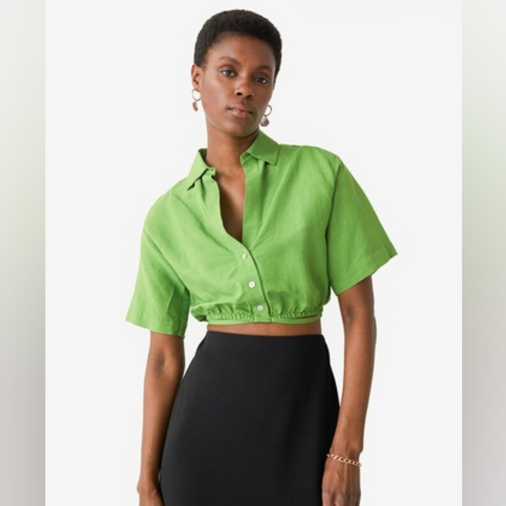 & Other Stories green button down cropped tie waist shirt
